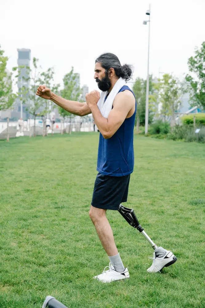 A man whose prosthetic device is covered by Medicare.