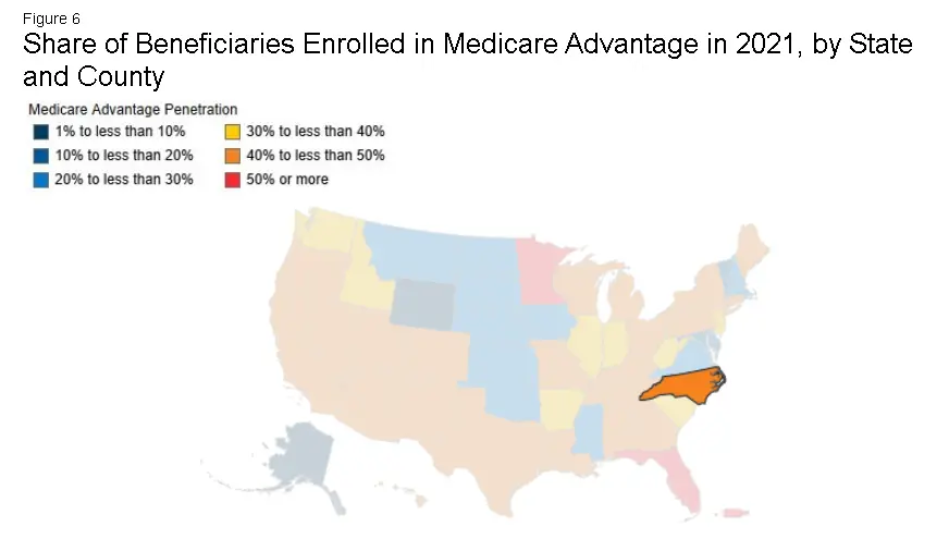 Share of Beneficiaries Enrolled in Medicare Advantage in 2021, by State and County